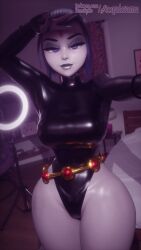 1female 1girls 3d 3d_(artwork) aequd big_breasts breasts clothed clothed_female dc dc_comics female female_focus female_only grey_skin grey_skin hips purple_hair rachel_roth raven_(dc) short_hair solo solo_female solo_focus teen_titans thick_thighs thighs wide_hips