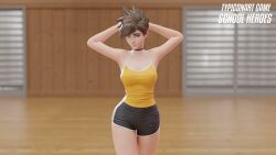 3d 3d_(artwork) big_ass big_breasts blender blender_(software) blender_cycles gym gym_uniform hands_behind_head naughty naughty_face outfit overwatch overwatch_2 shirt shorts smile solo solo_female thighs tracer trainer training typiconart video_games walking