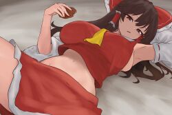 1girls armpit brown_hair brunette_hair eating eating_food exposed_midriff fanart female female_focus female_only hakurei_reimu laying_down light-skinned_female light_skin long_hair looking_at_viewer midriff miko miko_outfit moriforest1040 reimu_hakurei solo solo_female solo_focus touhou touhou_project tummy video_game_character video_games