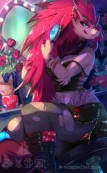 1girls anthro black_crop_top black_fur black_skirt blue_eyes boots bracelets breasts brushing_hair crop_top earrings flowers furry hairbrush holding_hairbrush large_breasts long_hair looking_at_viewer midriff mirror navel nintendo panties pokémon_(species) pokemon pokemon_bw red_hair red_panties sitting_on_stool skeleion skirt stool stuffed_animal torn_clothes torn_pantyhose zipper zipper_pull_tab zipper_skirt zoroark