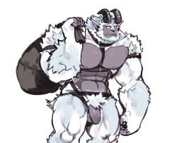 1boy abs bara beard between_pectorals carrying_over_shoulder curled_horns facial_hair feet_out_of_frame flaccid framed_crotch framed_pectorals full_beard furry furry_male horns large_hands large_pectorals leaning_forward looking_ahead male_focus mature_male monster_boy muscular muscular_male navel navel_hair nipples original pectorals penis saltypoundcake short_hair solo standing stomach thick_beard thick_eyebrows thick_thighs thighs uncensored underbust unfinished white_fur yeti_boy