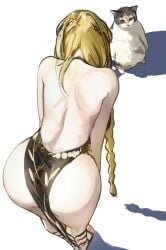 absurdres ass back back_focus blonde_hair braid commentary_request elden_ring feline female from_above fromsoftware gladiator_sandals highres leaning_forward long_hair median_furrow meme miao_jiangyou miaojiangyou queen_marika_the_eternal sandals shadow side_braid simple_background standing thick_thighs white_background white_fur