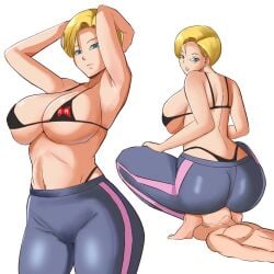 2023 android_18 ass big_breasts bikini_top blonde_hair blue_eyes clothed_female_nude_male dragon_ball dragon_ball_z facesitting hands_behind_head husband_and_wife krillin kuririn leggings looking_at_viewer milf nude nude_male panarandom squatting_on_face thick_ass thick_thighs unseen_male_face very_high_resolution white_background