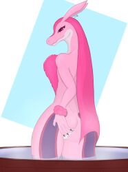 anthro anus ass female genitals hair hi_res looking_at_viewer looking_back lovander nude pal_(species) palworld pink_body pink_hair pussy scalie simple_background solo water white_body zakoruchka