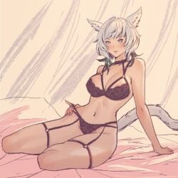 1girls bed bedroom blue_eyes blush cat_ears cat_tail catgirl final_fantasy final_fantasy_xiv lingerie lingerie_only miqo'te smiling_at_viewer sole_female square_enix white_hair y'shtola y'shtola_rhul