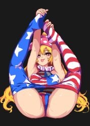 american_flag american_flag_dress american_flag_legwear armpits black_background blonde_hair blush breasts bright_pupils closed_mouth clownpiece covered_erect_nipples dress female frilled_shirt_collar frills full_body hat jester_cap legs_up long_hair looking_at_viewer medium_breasts neck_ruff panties pantyhose polka_dot puck100ml red_eyes revision simple_background smile solo spread_legs star_(symbol) touhou underwear very_long_hair white_pupils
