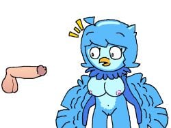 avian bird bird_girl bird_wings blue_hair blue_hair_female breasts feathers floating_penis martlet_(undertale_yellow) naked naked_female nude nude_female penis pussy shocked shocked_expression undertale undertale_yellow vagina wings