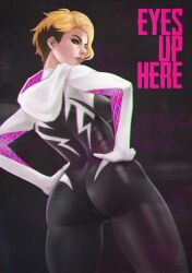 1girls ass ass_focus big_ass blonde_hair dat_ass eyebrow_piercing female female_only gwen_stacy light-skinned_female light_skin marvel marvel_comics monorirogue short_hair solo spider-gwen spider-man:_into_the_spider-verse straight_hair superheroine text tight_clothing wide_hips