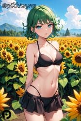 1girls ai_generated arms_behind_back bangs bare_shoulders bikini black_bikini black_skirt blue_sky breasts cleavage cloud collarbone cowboy_shot curly_hair day female field flower flower_field green_eyes green_hair halterneck looking_at_viewer medium_breasts navel one-punch_man outdoors parted_lips pikkiwynn short_hair skirt sky solo standing stomach sunflower swimsuit tatsumaki yellow_flower