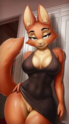 absurd_res anthro canid canine clothed clothing diane_foxington dreamworks dress dress_only erect_nipples erection erection_under_clothing eyebrow_piercing facial_piercing female fox genitals hi_res inside lightly-san looking_at_viewer mammal nipples no_underwear piercing pussy smile smiling_at_viewer solo the_bad_guys universal_studios