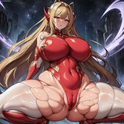 1girls ai_generated belly blonde_hair blush breasts cleavage darkeffect detailed_background female_only large_breasts long_hair navel oc original_character partially_clothed pussy pussy_outline thick_thighs unstable_diffusion