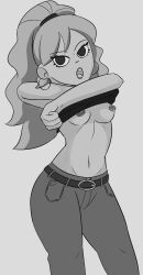 1girls breasts clothed crossed_arms earrings envy_adams female hoop_earrings lipstick long_hair monochrome ponytail samrmd scott_pilgrim shirt_lift solo solo_female undressing