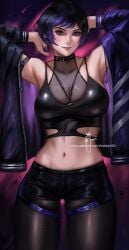 1girls armpits arms_up big_breasts black_and_purple_hair cleavage female female_only fully_clothed light-skinned_female namco reina_mishima revealing_clothes shiny_clothes short_hair solo tekken tekken_8 thick_thighs thigh_gap tight_clothing tomboy weisart