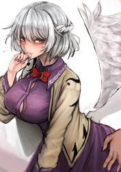 1girls 1other akehi_yuki ass_grab beige_jacket blush bow bowtie braid breasts brooch button_gap commentary cowboy_shot dress feathered_wings female french_braid grabbing_another's_ass hair_between_eyes hand_up jacket jewelry kishin_sagume large_breasts leaning_forward long_sleeves looking_at_viewer looking_to_the_side mature_female molestation nail_polish older_female open_clothes open_jacket purple_dress purple_nails red_bow red_eyes red_neckwear sagume_kishin short_hair silver_hair simple_background single_wing solo_focus symbol-only_commentary touhou waist_grab white_background white_wings wings