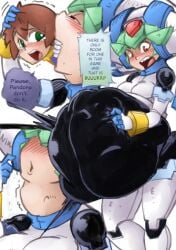 2girls aile armor artificial_skin black_and_white bloated_belly bodysuit brown_hair burp burping color colored duo female femdom green_hair helmet mabeelz mega_man mega_man_x_dive mega_man_zx oral_vore pandora_(mega_man) red_eyes robot stomach_bulge swallowed_whole swallowing tagme tears text vore vore_belly