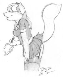 anthro canine female fur furry joshua_frinkle looking_at_viewer maid maid_uniform raised_tail skimpy stockings tail wolf