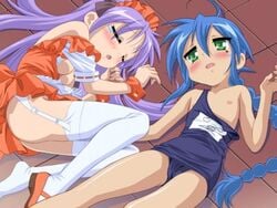 2girls female female_only game_cg human kagami_hiiragi konata_izumi lucky_star maid multiple_girls raki_kosu school_swimsuit swimsuit