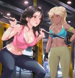 2girls armlet black_gloves black_hair black_pants blush bottle breasts brown_eyes ceiling_light chowbie clothed collarbone dark-skinned_female dark_skin exercise fingerless_gloves gloves grey_pants gym hand_on_own_hip holding holding_bottle indoors long_hair medium_breasts mole mole_under_eye multiple_girls navel original pants ponytail sports_bra squatting standing sweat tan tank_top weightlifting workout_clothes wristband yoga_pants