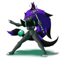 2015 absurd_res alpha_channel anthro areola asura_arklin big_breasts black_fur black_hair breasts canine crossover espinoth fox fur green_eyes grey_fur grin hair hi_res hybrid hyrule_warriors jewelry latiar mammal nintendo nipples pokemon pokemon_(species) purple_hair pussy the_legend_of_zelda video_games zoroark