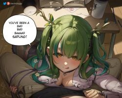 1boy 1girls breasts ceres_fauna ceres_fauna_(3rd_costume) female greatodoggo green_hair hi_res hololive hololive_english hololive_english_-council- hololive_english_-promise- horns huge_breasts large_breasts long_hair male male_pov pov saplings_(ceres_fauna) virtual_youtuber yellow_eyes