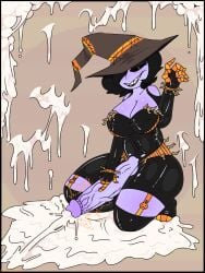 1futa big_breasts black_hair black_sclera breasts cleavage clothed clothing cum cum_on_floor cum_on_wall ejaculation erection excessive_cum futa_only futanari halloween_theme huge_cock humanoid humanoid_penis kneeling latex looking_at_viewer mostly_clothed penis purple_skin ripped_clothing self_upload sharp_teeth short_hair sitting slinkmayker slinky_(slinkmayker) solo solo_futa thick_thighs wide_hips witch_hat yellow_eyes