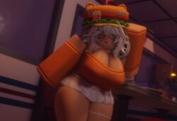 1girls 3d arm_up blush burger cat_ears cleavage closed_eyes female female_only glasses hairclip long_sleeves looking_at_viewer niki_okarin off_shoulder roblox roblox_avatar robloxian solo solo_female solo_focus thick_thighs thigh_ring thighs white_hair