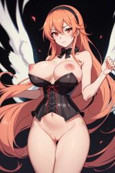 ai_art ai_generated akame_ga_kill! black_hairband black_ribbon bowtie_collar breasts_exposed breasts_out chelsea_(akame_ga_kill!) corset corset_down corset_only explosion hourglass_figure huge_breasts orange_hair perky_breasts pussy red_eyes smirking smirking_at_viewer