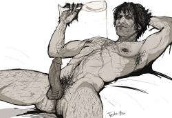 1male baldur's_gate baldur's_gate_3 black_hair body_hair dungeons_and_dragons enver_gortash erection forgotten_realms hairy_male laubritter_(artist) male_focus male_only naked_male penis_out pinup posing pouring pouring_on_self smirking solo_male suggestive_look