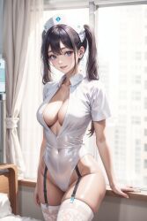 ai_generated aier bangs bare_hips black_hair breasts cameltoe cleavage covered_navel curtains female female garter_straps hat highleg highleg_leotard indoors large_breasts leotard long_hair looking_at_viewer nurse nurse_cap nurse_outfit nurse_uniform parted_lips short_sleeves skindentation smile solo solo_female thighhighs twintails white_clothing white_leotard white_thighhighs wide_hips window