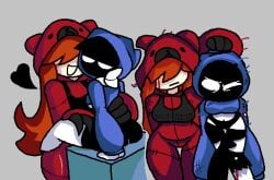 2girls arcaned_roses arsenal_(rolve) bangs_over_eyes black_hair black_panties black_pants blue_hoodie blue_shirt bruises crook_(rolve) enemies fanart heart light-skinned_female light_skin long_hair orange_hair red_panda_(rolve) red_suit roblox roblox_game robloxian rolve roses_arcaned tagme turtleneck white_body white_eyes yuri