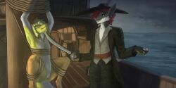 anthro bound clothing dune duo female fish flat_chested genitals hi_res marine melee_weapon mixiowo pussy shark ship suspension sword vehicle watercraft weapon