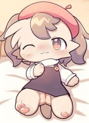 1girls ai_generated bayachao_(makemon) bedroom beret canine chibi cute female girl makemon overalls poodle pussy solo