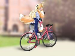 bicycle big_breasts bra breasts canine color day female fox fur nipple_pinch outdoors panties riding shoes_untied simonaquarius tongue_out underwear