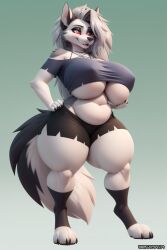 ai_generated anthro big_breasts black_eyeshadow canid canid_demon canine canis cleavage crop_top exposed_shoulders eyelashes eyeshadow fangs fluffy_tail fur furry gray_fur gray_hair grey_fur grey_hair hair_over_one_eye hellhound helluva_boss large_breasts long_hair long_tail loona_(helluva_boss) plump red_sclera sharp_teeth shorts slit_pupils stable_diffusion tail thick_thighs underboob vivienne_medrano voluptuous wgenjoyr4539 white_eyes white_fur