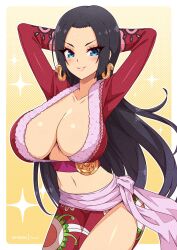 1girls arms_behind_head big_breasts black_hair blue_eyes blush boa_hancock clothed clothing color female female_focus female_only hi_res jewelry large_breasts light-skinned_female light_skin long_hair looking_at_viewer one_piece shounen_jump solo solo_female tagme thick_thighs virus-g