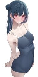 1girls armpits arms_behind_back bare_arms bare_shoulders bare_thighs belly_bulge black_hair black_swimsuit blush cleavage collarbone embarrassed female female_focus female_only hourglass_figure kawai_ritsu_(rits_meg) light_skin long_hair looking_at_viewer love_live! medium_breasts nervous one-piece_swimsuit petite pout pouting purple_eyes school_swimsuit shy side_bun sideboob simple_background single_side_bun slender_body slender_waist slim_girl slim_waist small_breasts solo standing straight_hair swimsuit thin_waist tsushima_yoshiko white_background wide_hips