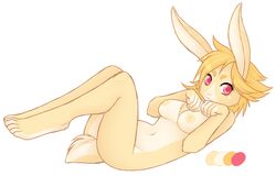 anthro blonde_hair breasts cute female fur furry hair lagomorph looking_at_viewer nude on_back rabbit rozwell solo