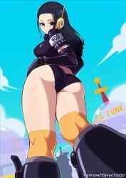 1girls ass ass_focus bare_thighs big_ass big_butt black_hair blue_eyes blush clothed clothing color egghead elpipe3000 female female_focus female_only gloves hi_res light-skinned_female light_skin long_hair looking_at_viewer looking_back nico_robin nico_robin_(egghead) one_piece one_piece:_egghead_arc post-timeskip shounen_jump sky solo solo_female tagme thick_thighs