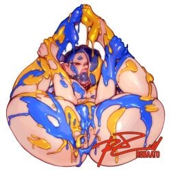 2022 alpha_channel artist_logo artist_name artist_signature ball_gag blue_paint breasts censored censored_pussy female female_focus female_only for_sticker_use grabbing grabbing_own_leg hi_res highres ink legs legs_apart legs_held_open legs_spread legs_up negarobo nintendo nintendo_switch no_background nude nude_female octoling painted painted_body png robaato shiver_(splatoon) splatoon splatoon_(series) splatoon_3 sticker sticker_template transparent_background transparent_png yellow_paint