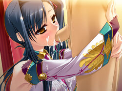 blush fellatio female game game_cg hongou_kazuto kan'u_unchou_(koihime) katagiri_hinata koihime†_(series) koihime_musou oral penis uncensored yellow_eyes