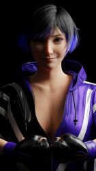 1girls 3d big_breasts black_and_purple_hair blender covahk female female_only fully_clothed jacket jacket_only light-skinned_female model namco reina_mishima solo tekken tekken_8 unzipping