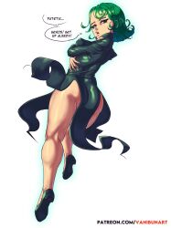 1girls ass back back_view big_ass curvy english_text female female_only green_eyes green_hair legs one-punch_man pose short_hair short_stack solo tatsumaki text thick_ass thick_thighs vagina vanibun