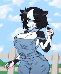 1girls 2024 anthro black_hair blue_eyes bovid breasts carpinchor cleavage cloud cow_girl cute female furry large_breasts looking_at_viewer multicolored_body one_eye_closed original outside overalls overalls_only sky standing strap_slip tagme tongue tongue_out two-tone_hair white_highlights