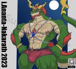 abs ananta-nakarath anthro areola beard biped bulge countershade_face countershade_neck countershade_tail countershade_torso countershading eyebrows facial_hair green_body hi_res horn male masterelrest muscular muscular_anthro muscular_male nipple_piercing nipples pecs piercing qr_code scalie solo tail