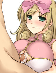 1boy 1girls blush breasts brown_hair cleavage_cutout clothed_sex cum cum_on_body cum_on_breasts cum_on_upper_body don_(29219) erect_nipples female green_eyes hair_ribbon haruka_(senran_kagura) large_breasts light-skinned_female light-skinned_male light_skin long_hair male navel paizuri paizuri_under_clothes penis perpendicular_paizuri ribbon senran_kagura short_hair smile straight uncensored