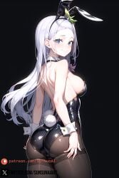 ai_generated ass ass_grab black_bunny_ears black_bunnygirl_costume black_bunnysuit breasts bunny_costume bunny_ears bunny_girl bunny_tail bunnysuit fairy_tail legwear looking_at_viewer looking_back mirajane_strauss sunsunai white_hair white_skin