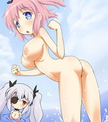 2girls ass bikini_top blush breasts cleavage eye_patch hibari_(senran_kagura) huge_breasts multiple_girls nipples nude pink_hair pussy red_eyes sashi senran_kagura short_hair uncensored water white_hair yagyuu_(senran_kagura)