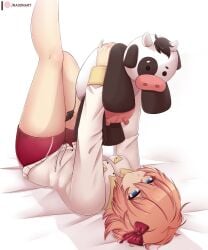 bare_legs blue_eyes brown_hair doki_doki_literature_club legs_up long_sleeves lying lying_on_back lying_on_bed mr._cow_(doki_doki_literature_club) plushie raionart sayori_(doki_doki_literature_club) short_hair shorts sweater teenager thick_thighs wide_hips