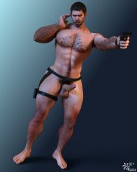 3d 3d_(artwork) 3d_model aiming bara bara_tiddies bara_tits belt blue_eyes brown_hair capcom casual chris_redfield erect_penis erection firearm gun hairy hairy_male handgun happy_trail human kazuworks legwear light-skinned_male light_skin male muscles muscular muscular_male pale_skin pubic_hair resident_evil resident_evil_8:_village solo solo_focus solo_male tactical_nudity weapon