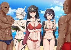 1ch 2boys 3girls abs alternate_breast_size alternate_costume bald bald_man beach bikini black_bikini black_hair black_swimsuit blue_speedo blue_swimsuit breasts cleavage dark-skinned_male dark_skin daughter family female fire_emblem fire_emblem_awakening fire_emblem_heroes green_bikini green_swimsuit grey_hair highres huge_breasts jacket large_breasts long_hair long_hair_female male morgan_(fire_emblem) morgan_(fire_emblem)_(female) mother mother_and_daughter multiple_males muscular_male navel nintendo noire_(fire_emblem) noire_(summer)_(fire_emblem) official_alternate_costume open_jacket outdoors red_bikini red_speedo red_swimsuit short_hair_female sisters speedo swimsuit tharja_(fire_emblem) tharja_(summer)_(fire_emblem) tiara